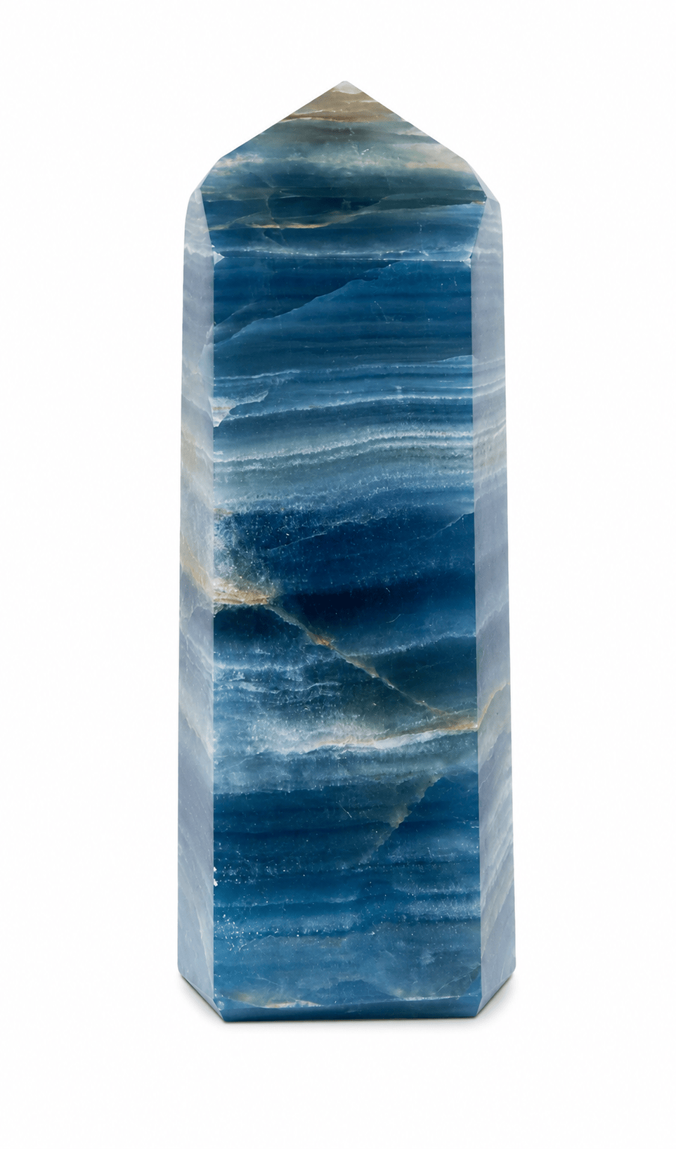 Blue onyx generator by Sacred Light Soundbaths and Crystals, polished gemstone with unique blue and black swirling patterns.