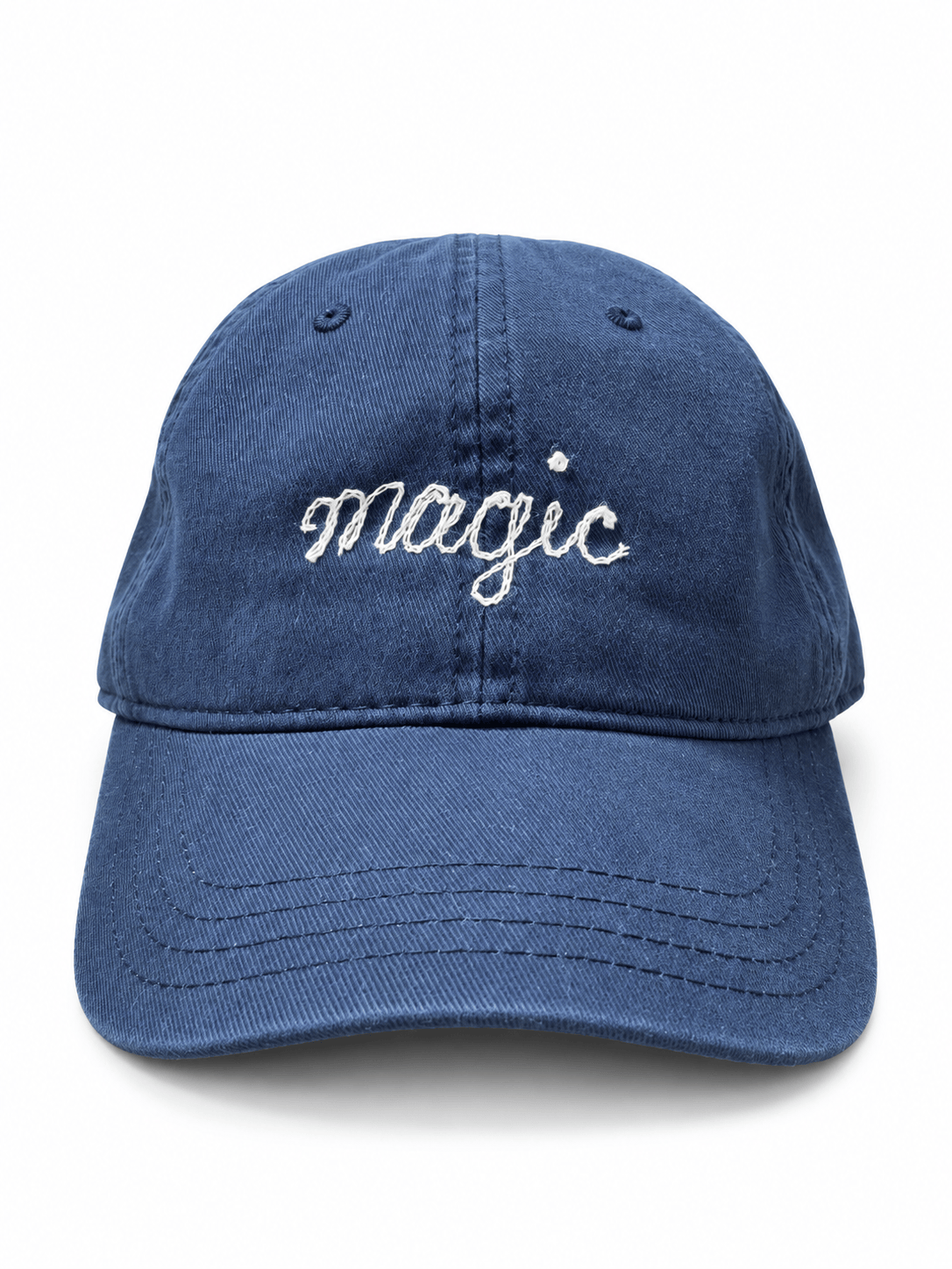 Blue "Magic" Chainstitch Cap by Sacred Light Soundbaths and Crystals, featuring detailed chainstitch embroidery on a soft fabric cap.