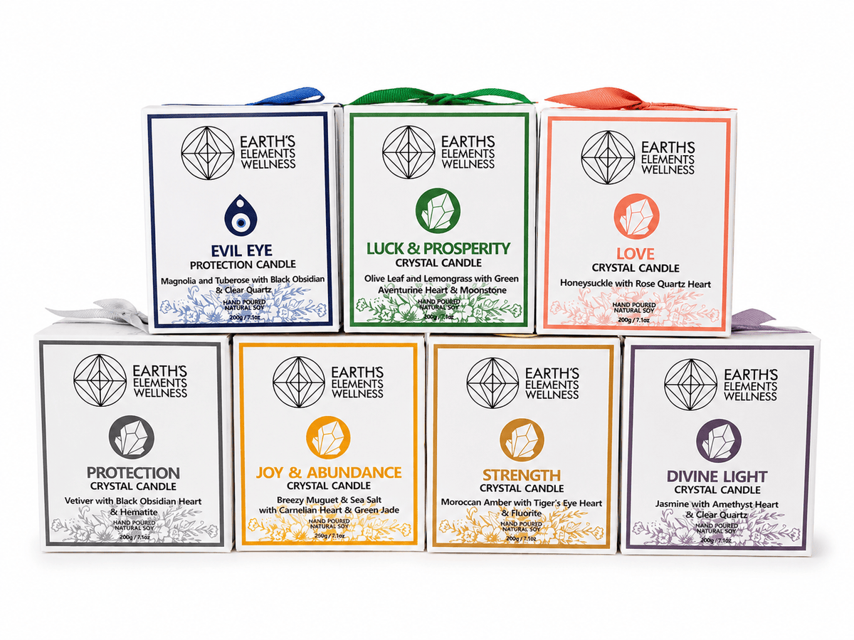 Sacred Light Soundbaths and Crystals Earth’s Elements Candles in glass holders with earthy tones and soft lighting.