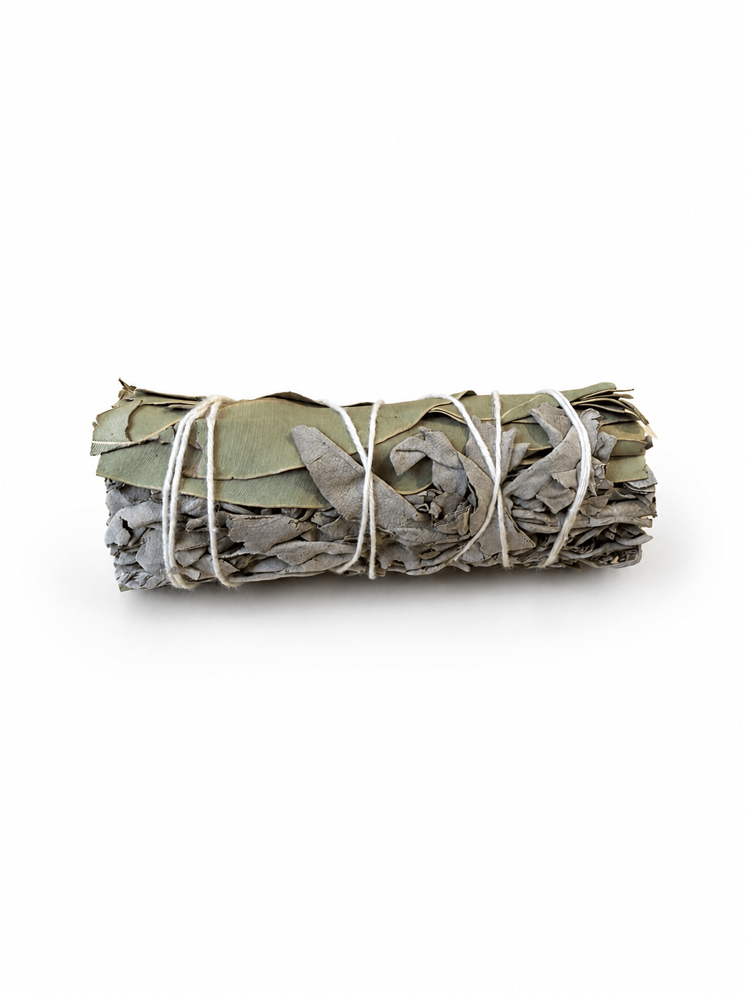 Sacred Light Soundbaths and Crystals sage and eucalyptus bundle with fresh green leaves and dried aromatic herbs.