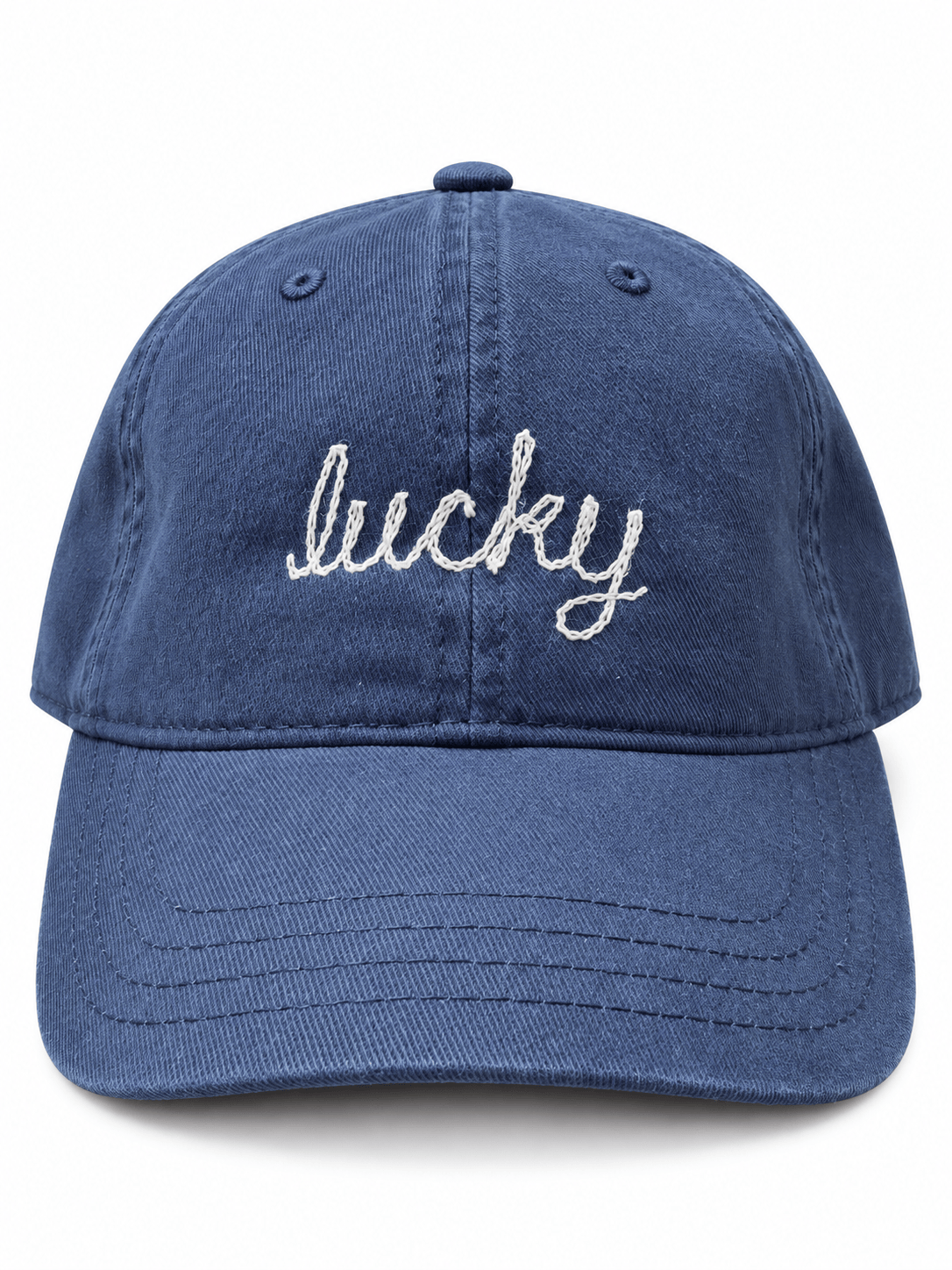 Blue "Lucky" Chainstitch Cap by Sacred Light Soundbaths and Crystals, featuring detailed chainstitch embroidery on a vibrant cap.