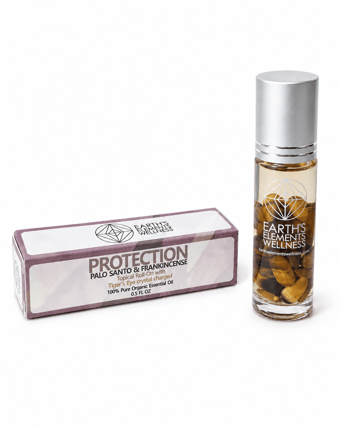Organic roll-on perfume and tiger's eye crystals from Sacred Light Soundbaths and Crystals, displayed with natural crystal details.