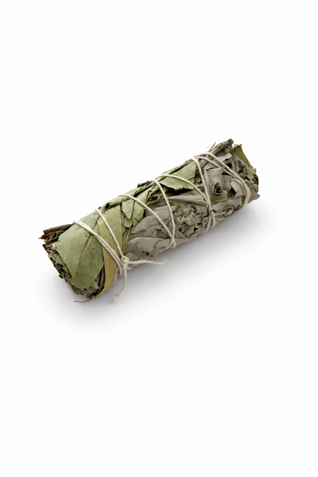 Sacred Light Soundbaths and Crystals sage and eucalyptus bundle with fresh green leaves and dried herbs for cleansing.