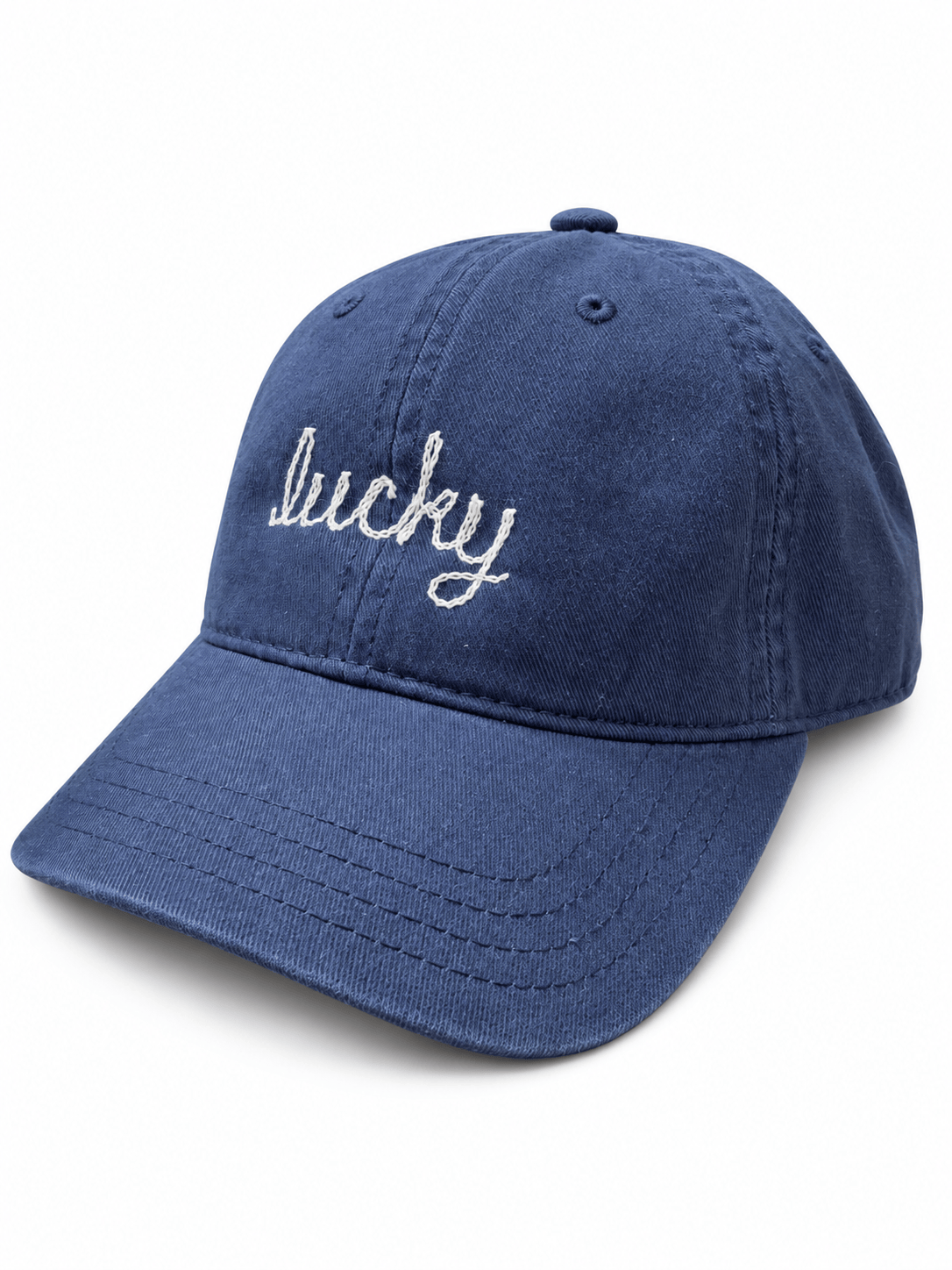 Blue "Lucky" chainstitch cap by Sacred Light Soundbaths and Crystals, featuring detailed stitching and casual style.