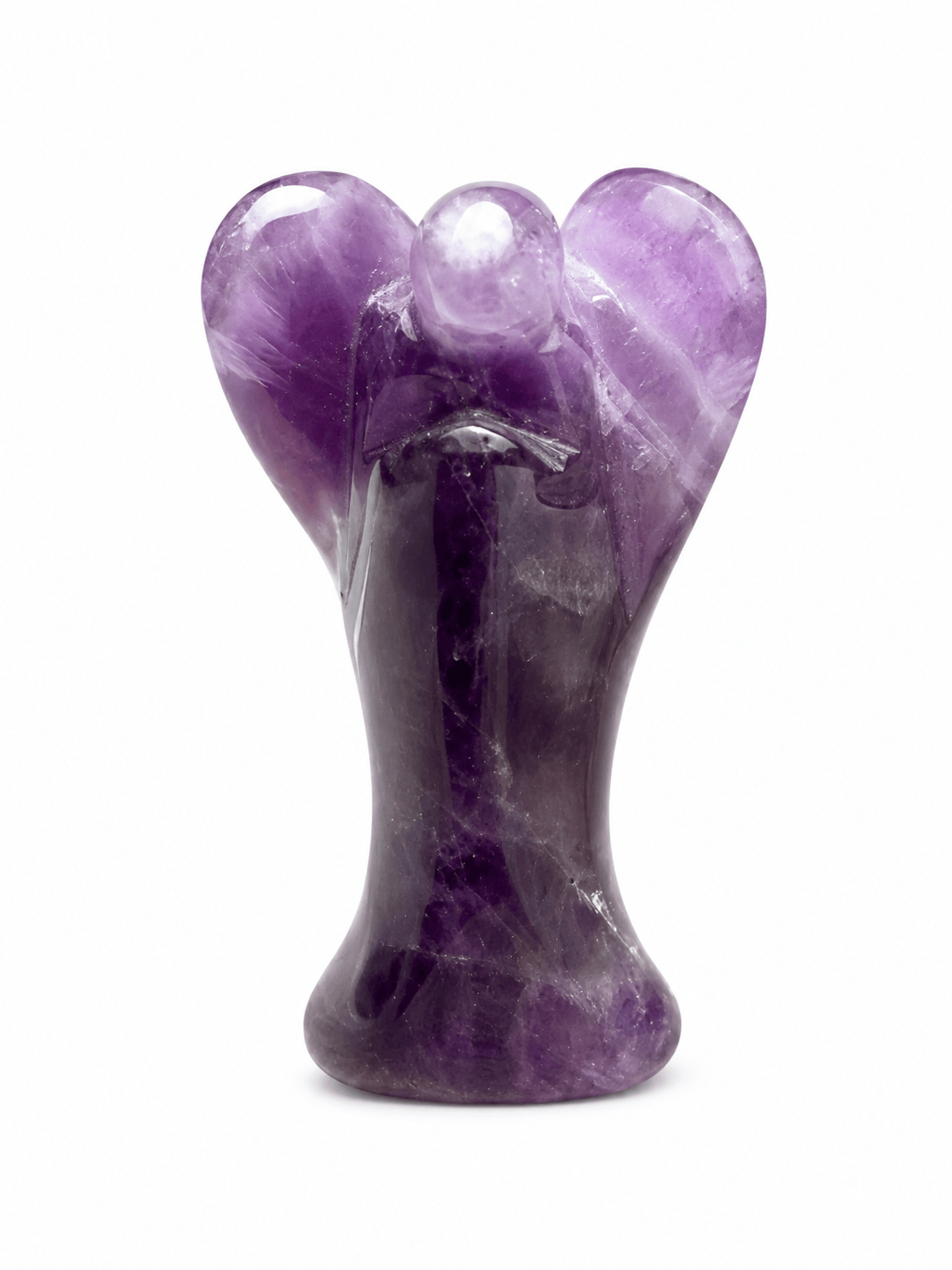 Amethyst pocket angel made of crystals, small stone figurine with detailed angel wings and serene expression, for spiritual healing.