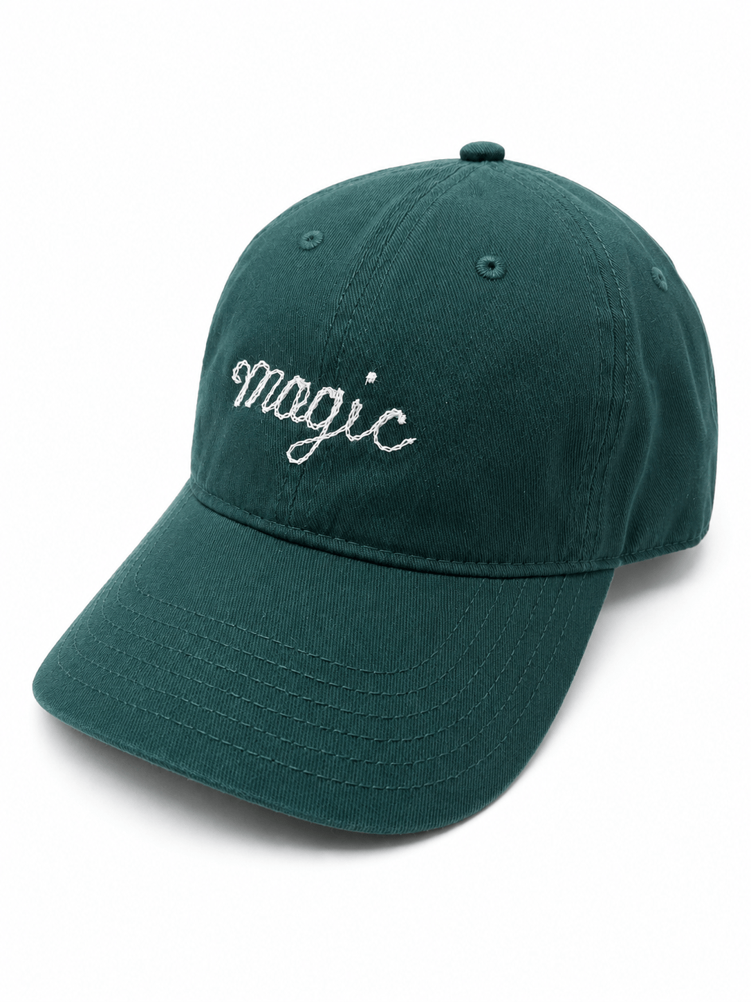 Green "Magic" Chainstitch Cap by Sacred Light Soundbaths and Crystals, featuring detailed stitch embroidery on a comfortable cap.