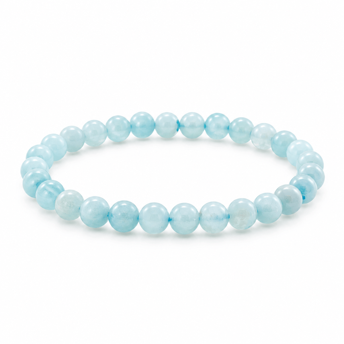Aquamarine medium bracelet with polished stones from Milk and Honey, featuring smooth, rounded aquamarine beads on an elastic band.