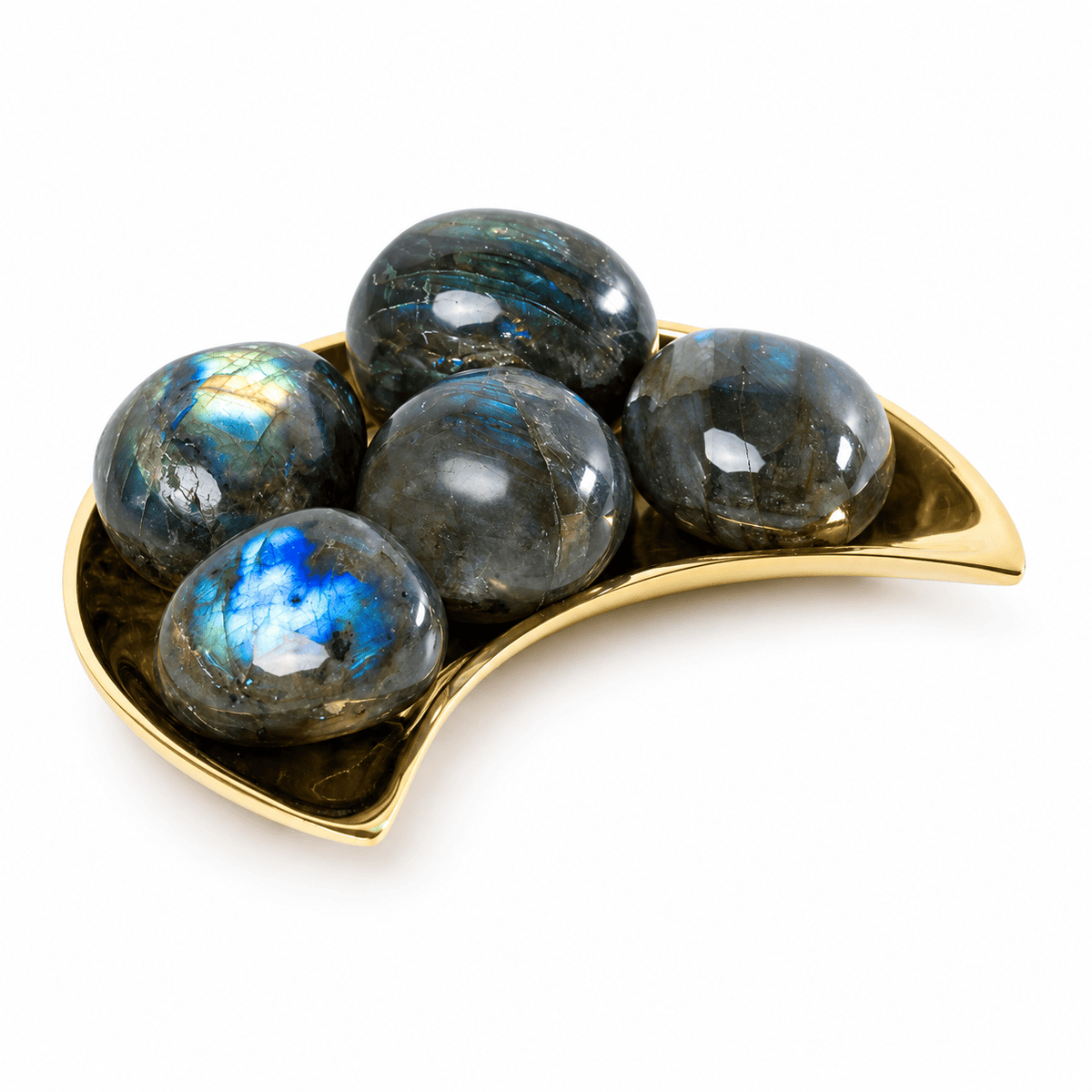 Tumbled Madagascar Labradorite stone from Sacred Light Soundbaths and Crystals showing iridescent gray and blue hues.