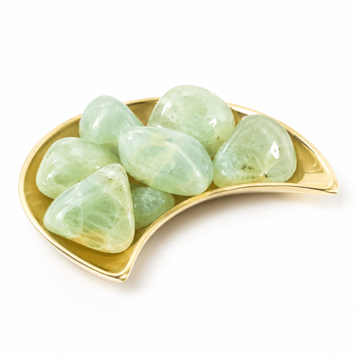 Smooth tumbled Prehnite crystal by Sacred Light Soundbaths and Crystals, showcasing its green, polished surface and natural mineral texture.