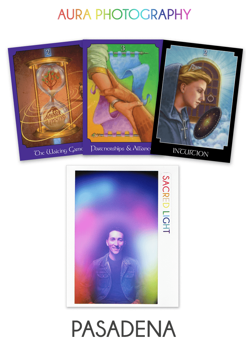 Aura photo with tarot card and bracelet pairing from Sacred Light Soundbaths and Crystals at Pasadena location, featuring vibrant colors and designs.