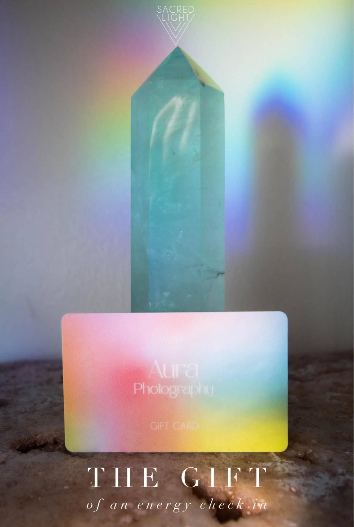 Sacred Light Soundbaths and Crystals Aura Photography Gift Card with elegant design and branding for gifting purposes.