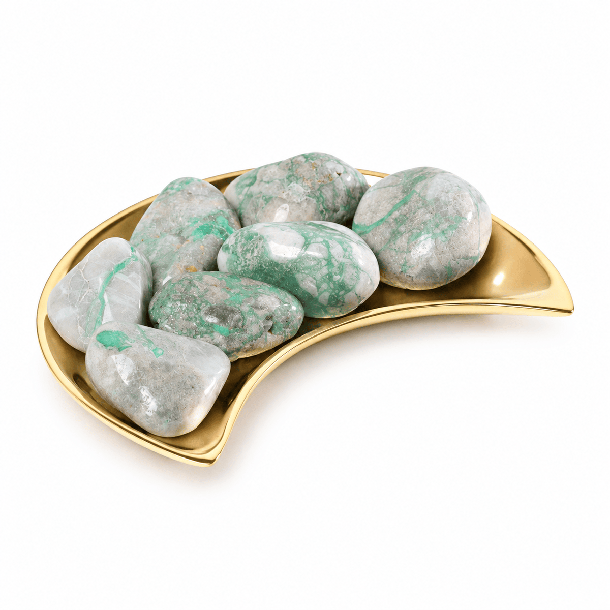 Tumbled Variscite stone from Sacred Light Soundbaths and Crystals, smooth green gemstone with natural markings.