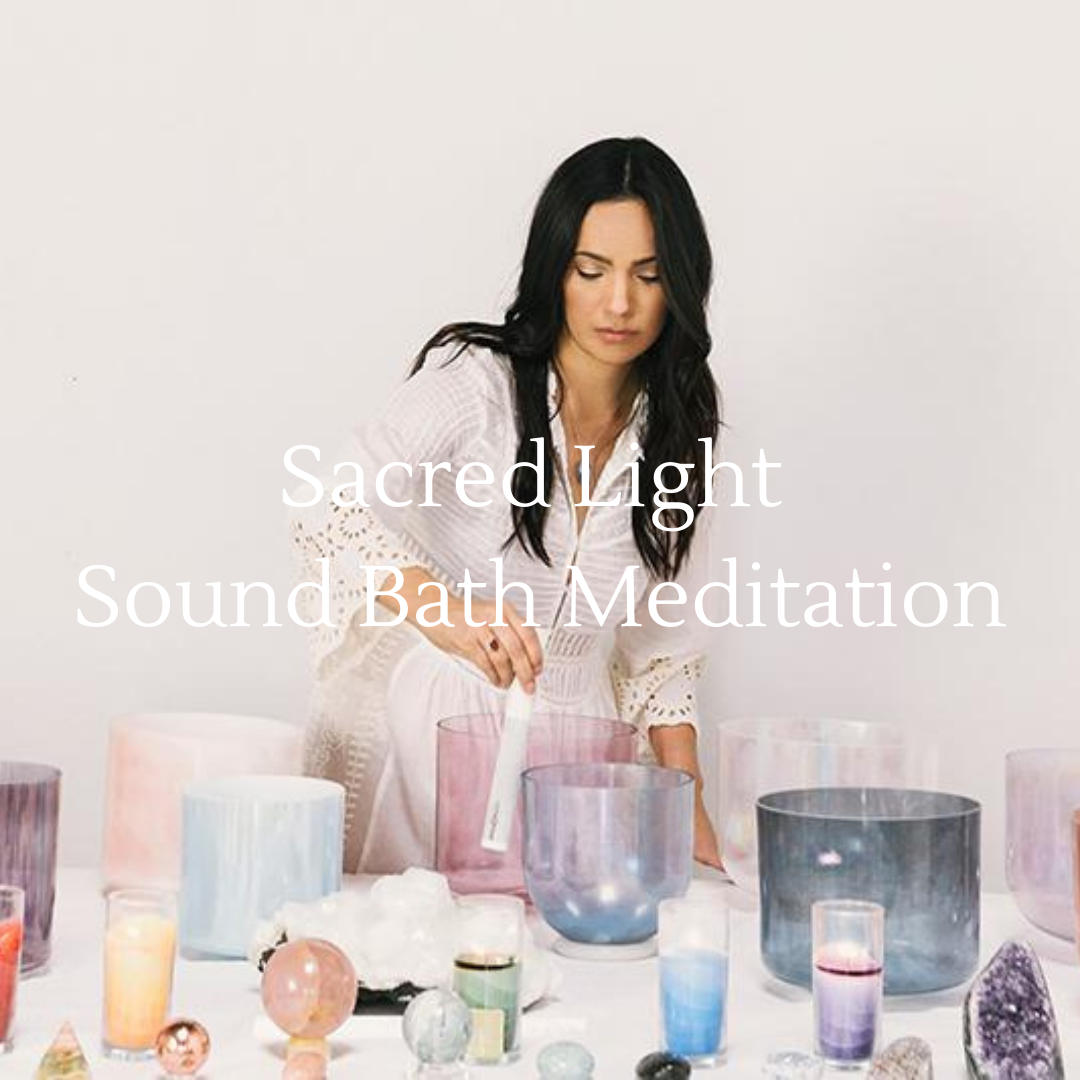 Sacred Light Original Sound Bath Meditation session with crystal bowls, featuring a peaceful setting for relaxation and meditation.