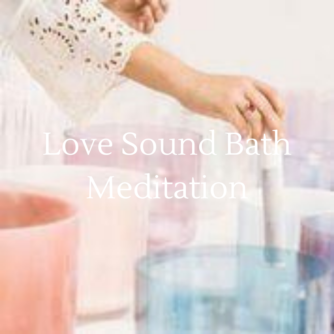 Sacred Light Love Sound Bath Meditation session scene with singing bowls and crystals for relaxation and spiritual healing.