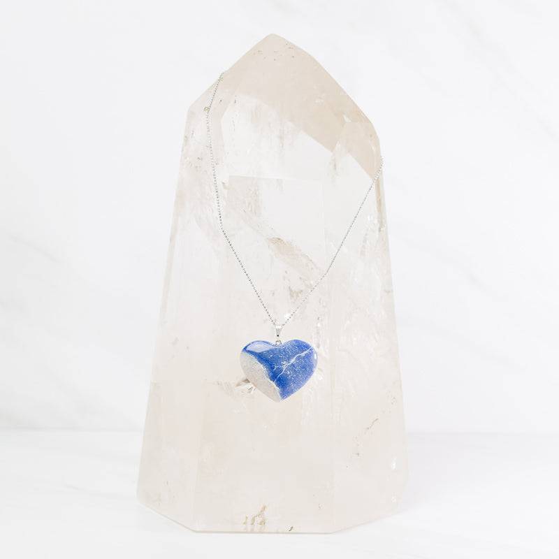 Blue aventurine heart necklace on sterling silver chain, handcrafted jewelry by Sacred Light Soundbaths and Crystals.