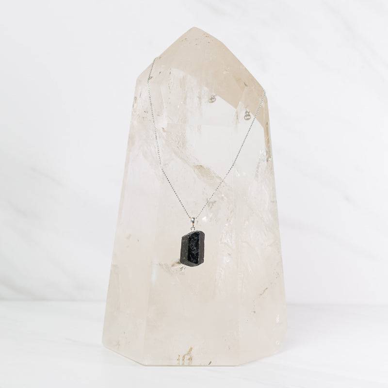 Natural black tourmaline pendant on sterling silver necklace, jewelry piece from Sacred Light Soundbaths and Crystals