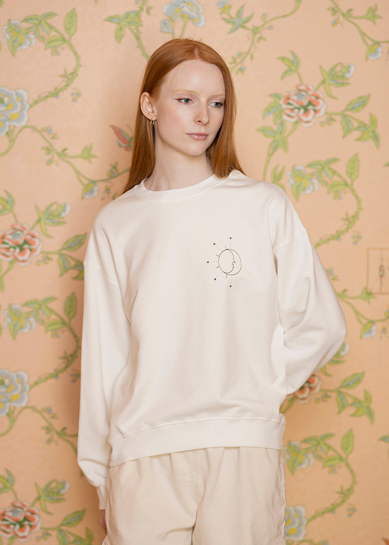 Sacred Light Soundbaths and Crystals "Live by the Sun, Love by the Moon" crewneck sweatshirt, featuring celestial-inspired design.