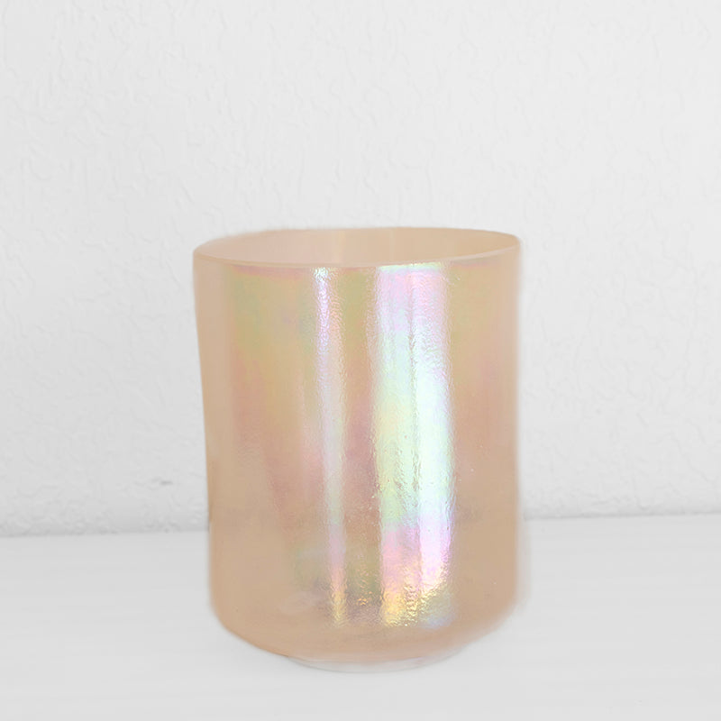 7-inch Phenacite Platinum Alchemy Crystal Singing Bowl by Crystal Tones with tall flat base, used for sound therapy and meditation.
