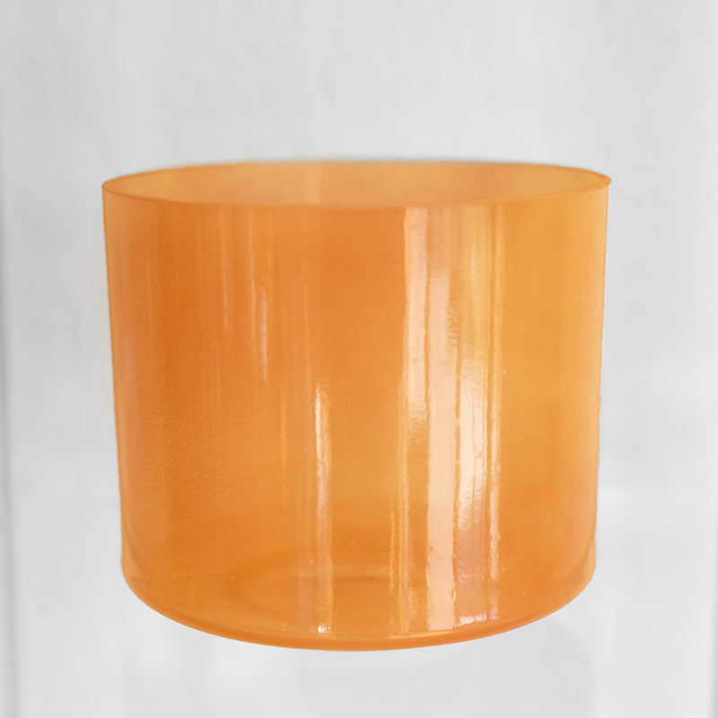 8-inch F-5 Carnelian Alchemy Crystal Singing Bowl by Crystal Tones, with a vibrant orange-red crystal bowl for sound healing.