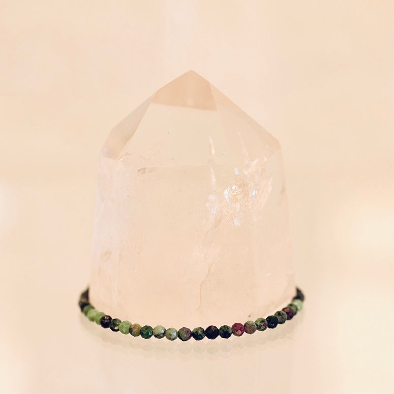 Dainty jewelry bracelet featuring Grade AAA Ruby Zoisite beads by Milk and Honey, showcasing vibrant green and red gemstone accents.