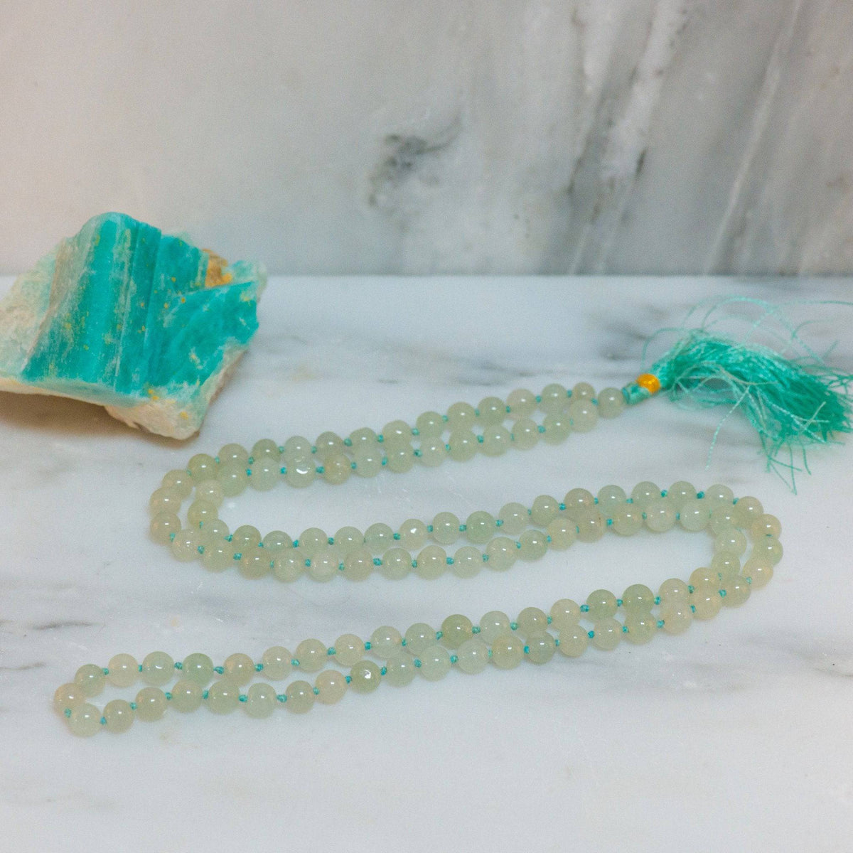 Green Aventurine Mala Necklace with natural stone beads, crafted by Sacred Light Soundbaths and Crystals, perfect for meditation and jewelry.