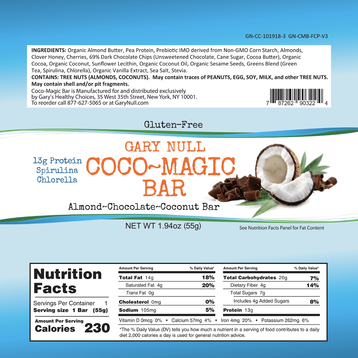 Gary Null Coco-Magic Bars label showing packaging with coconut flavor and branding on a white background.