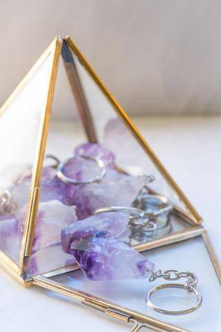 Amethyst crystal keychain from Sacred Light Soundbaths and Crystals, featuring a polished purple amethyst stone on a metal keyring.