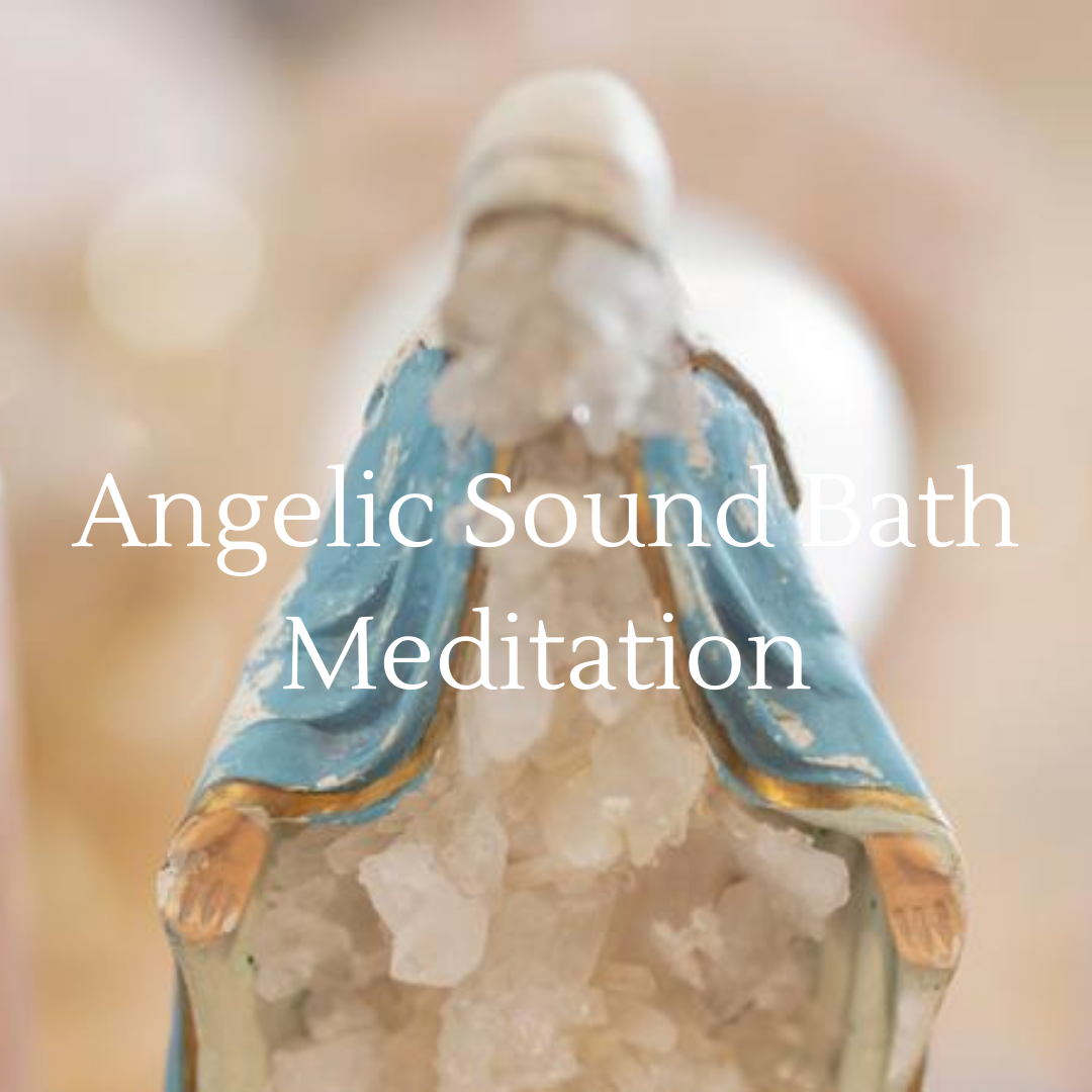 Sacred Light Angelic Sound Bath Meditation session with crystal decor, featuring calming musical instruments and tranquil ambiance.