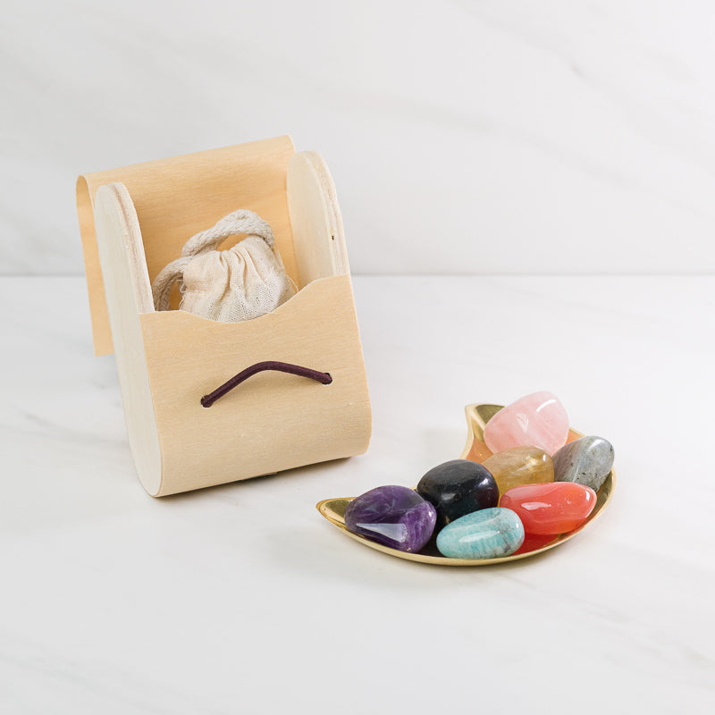 Large chakra gemstone set in a wooden gift box, featuring colorful crystals for energy healing and alignment.