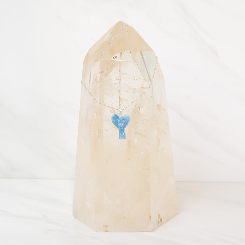 Sterling silver angel necklace with Trolleite gemstone pendant from Sacred Light Soundbaths and Crystals jewelry collection.