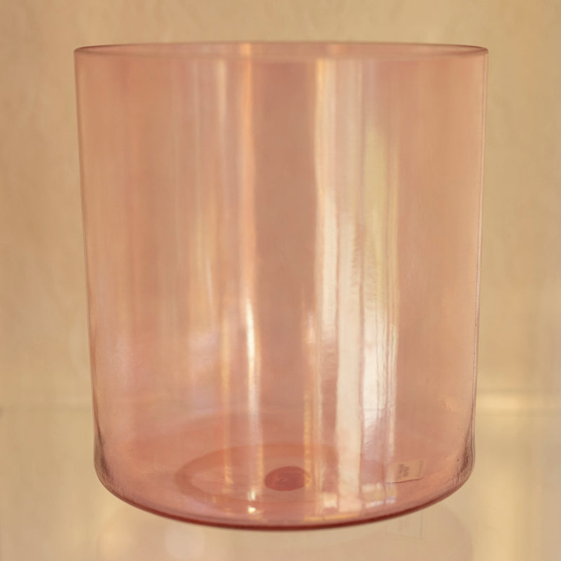 8-inch Pink Aura Gold Alchemy Crystal Singing Bowl by Crystal Tones, showcasing its vibrant pink coloration and intricate gold accents.