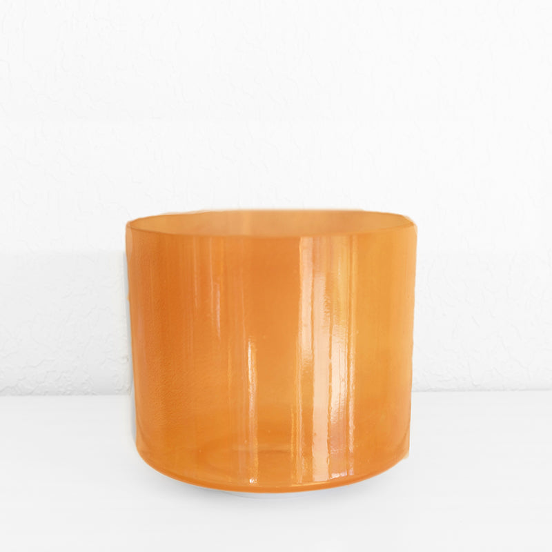 8-inch F-5 Carnelian Alchemy Crystal Singing Bowl by Crystal Tones, showing the vibrant orange gemstone bowl and intricate detailing.