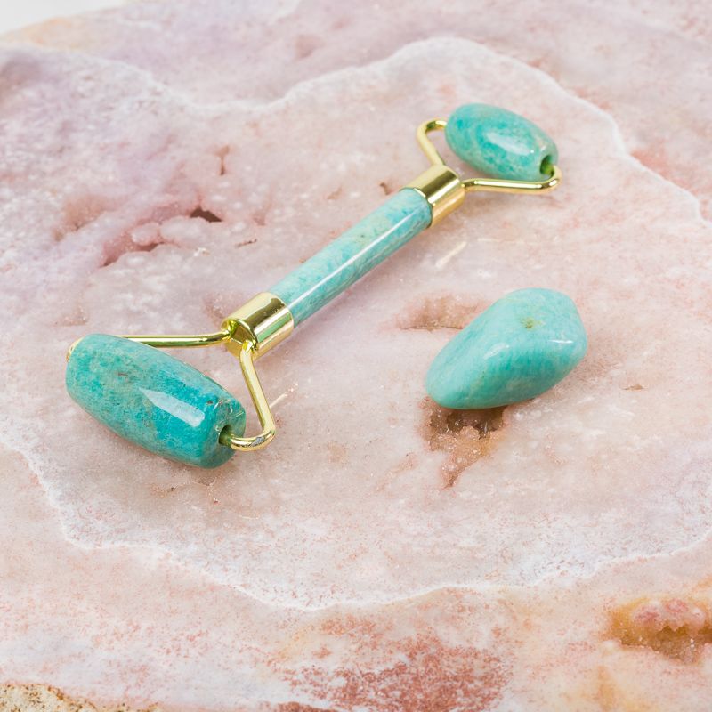 Sacred Light Soundbaths and Crystals Amazonite soothing face massage roller with dual rolling stones for skincare.