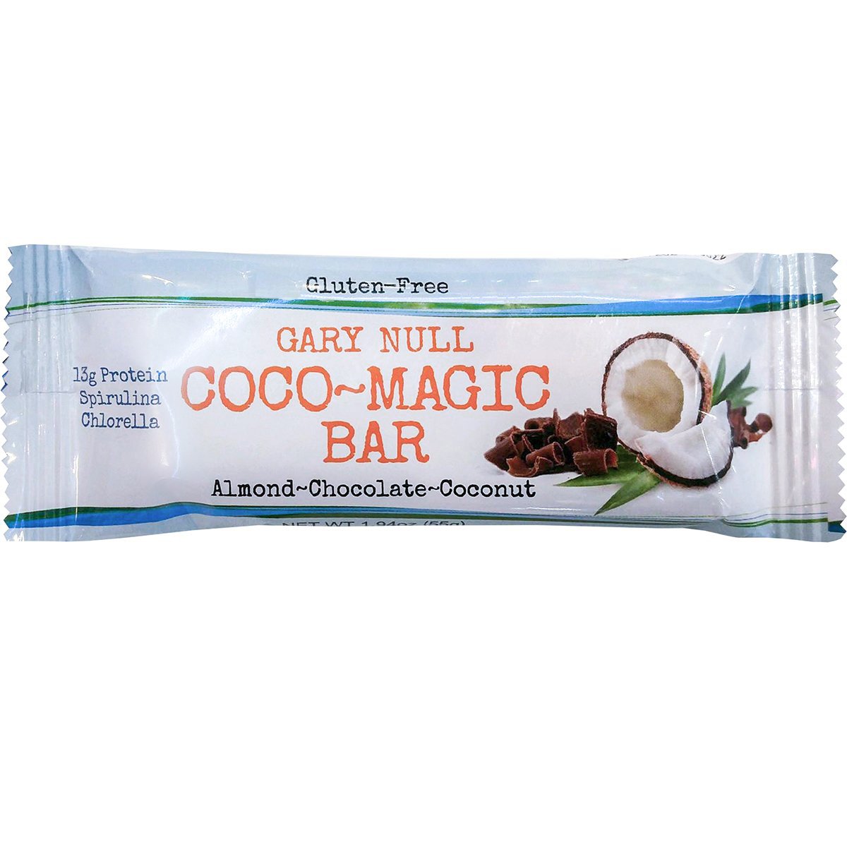 Gary Null Coco-Magic Bars package with multiple coconut-flavored snack bars displayed in a clear view.