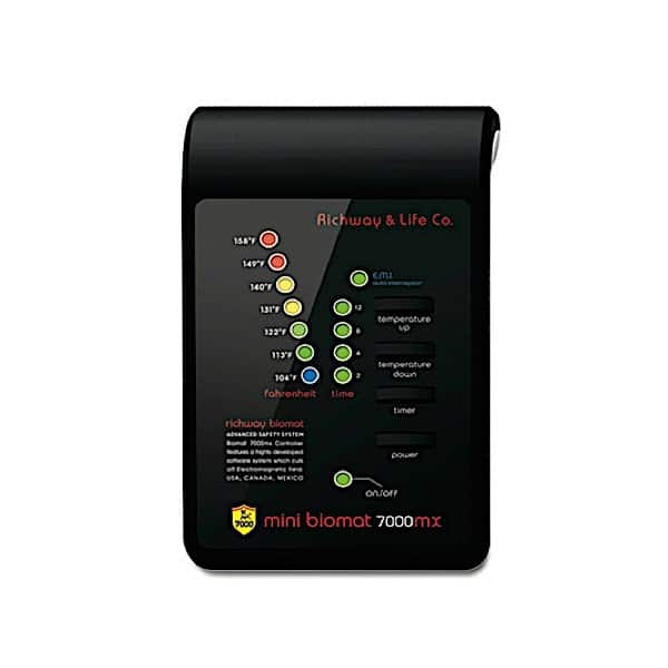 Mini Biomat® 7000MX controller from Biomat showing buttons and display for temperature regulation and settings.